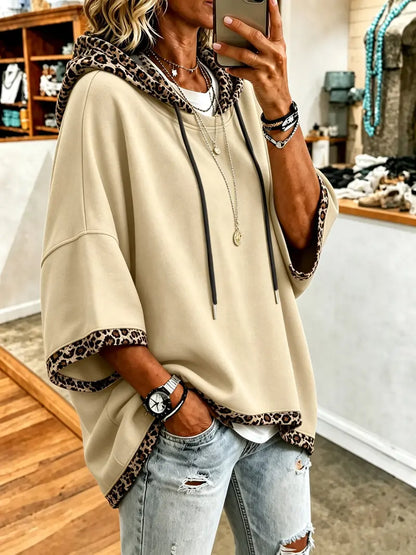 Limited time sale🔥Women 3/4 Bell Sleeve Leopard Trim Hooded Top