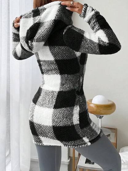 Plaid Fleece Hooded Mid Length Full Zip Coat