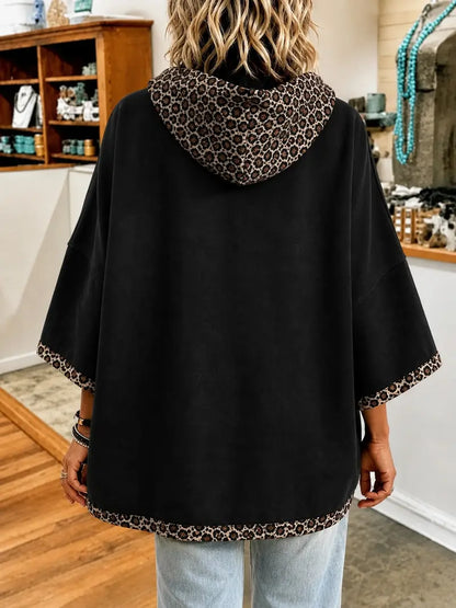 Limited time sale🔥Women 3/4 Bell Sleeve Leopard Trim Hooded Top