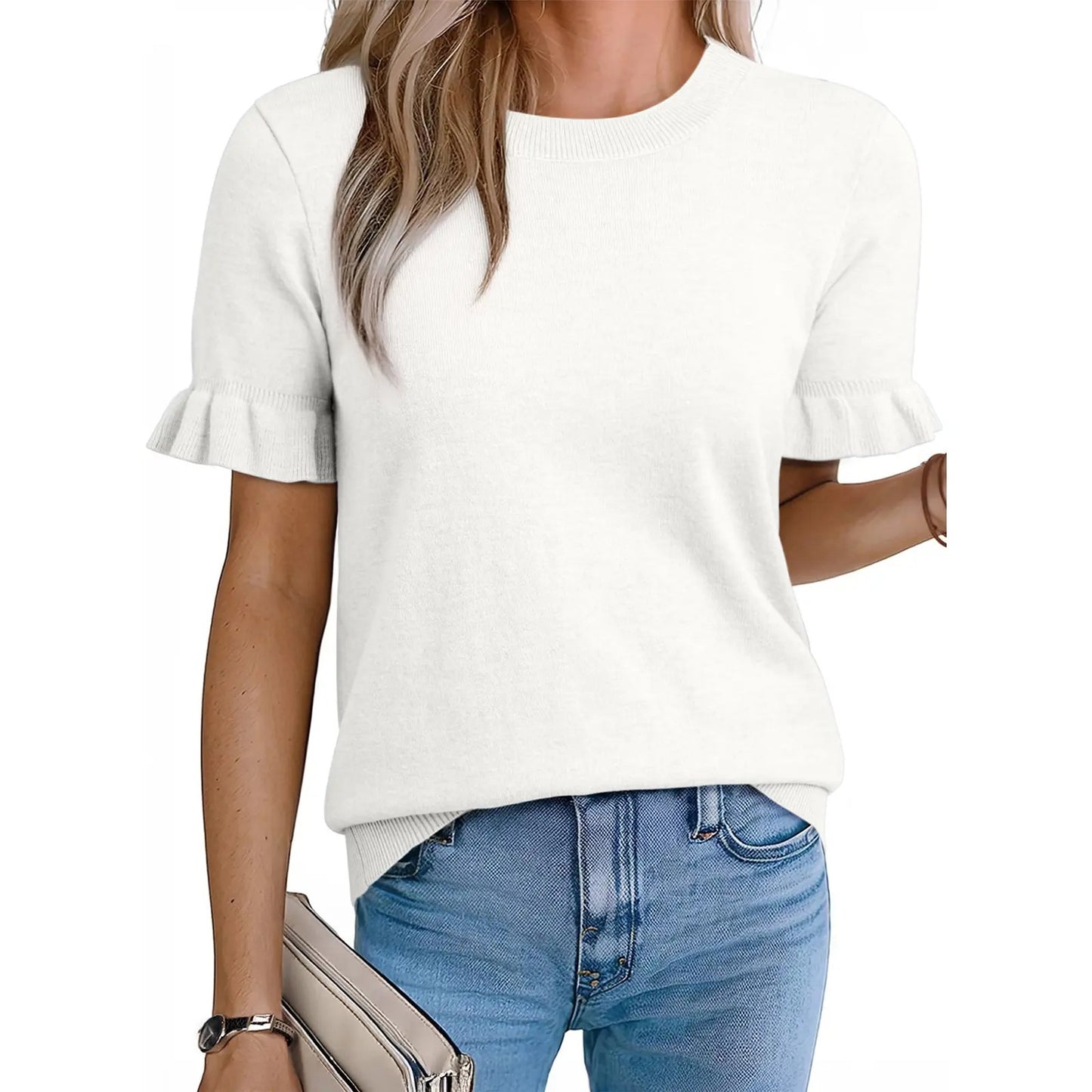 Women's Crew Neck Ruffle Short Sleeve Knit Top