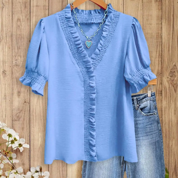Limited time sale🔥Womens Smocked Ruffle Trim V-Neck Blouse