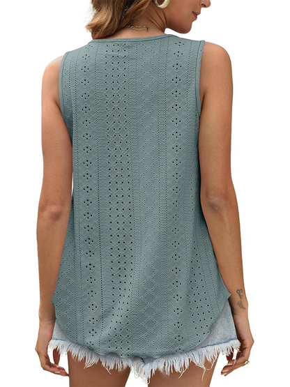 HOT SALE Women's Casual Loose Scoop Neck Wide Strap Eyelet Tank Tops