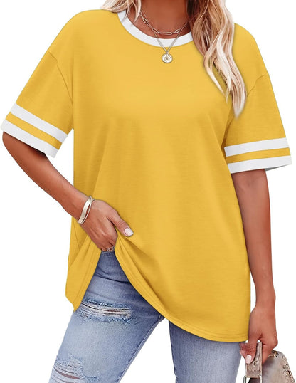 ✨ Women's Oversized Crew Neck Colorblock Striped Sleeve T-shirt