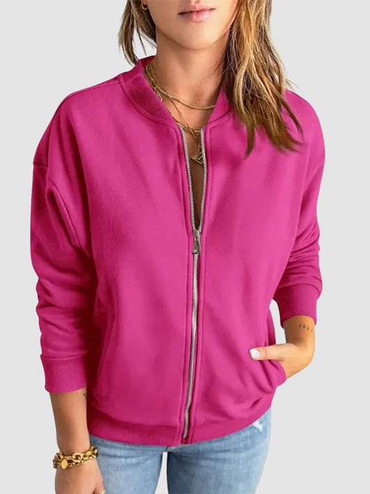 Women Solid Full‑Zip Loose Bomber Jacket with Kangaroo Pocket