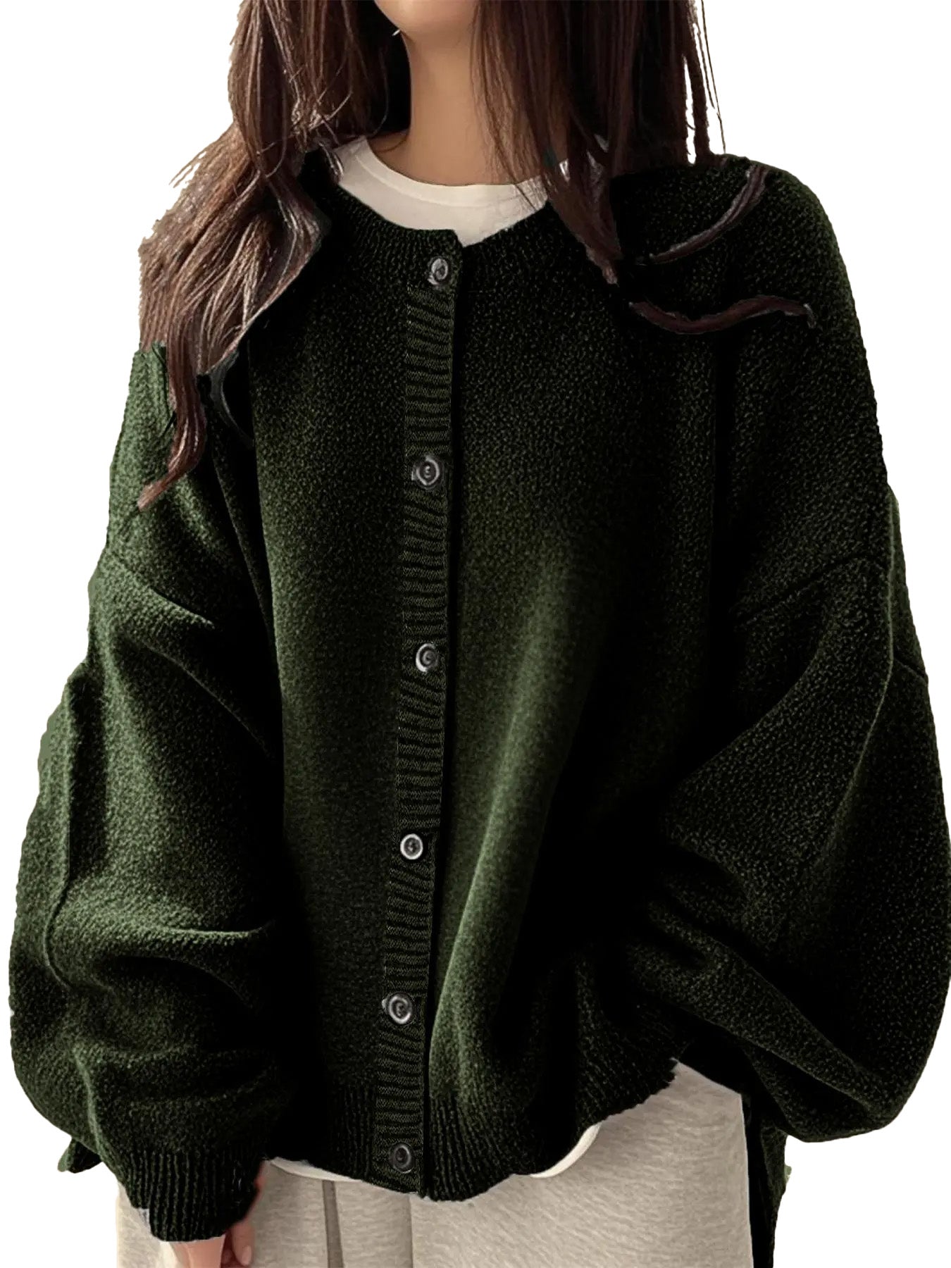 Loose Round Neck Knit Cardigan & Basic Button‑Up Lantern‑Sleeve Outer Top