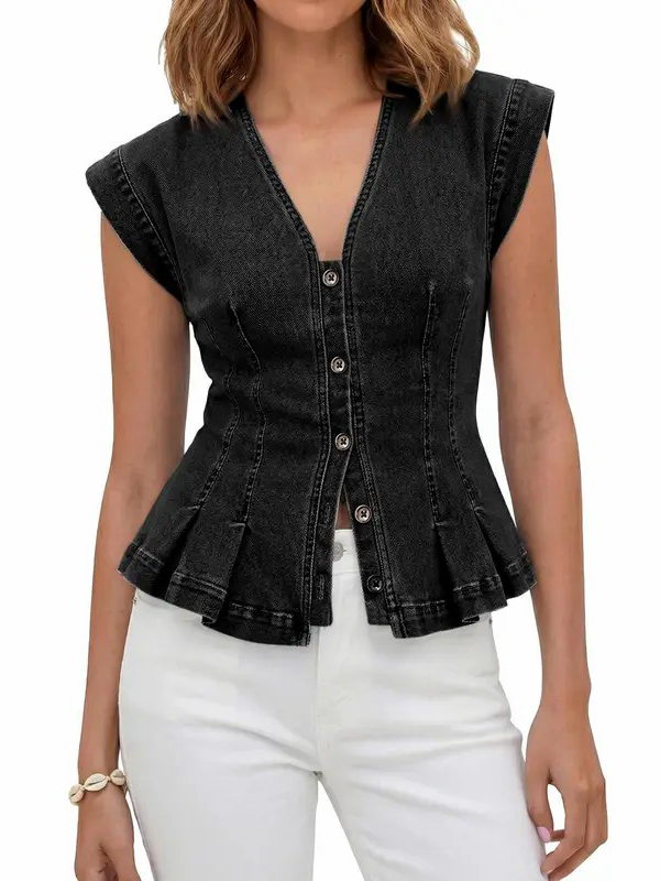Women's Y2K V-Neck Pleated Denim Sleeveless Vest