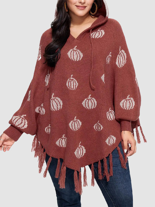 Women Halloween Pumpkin Hooded Poncho with Tassel Hem