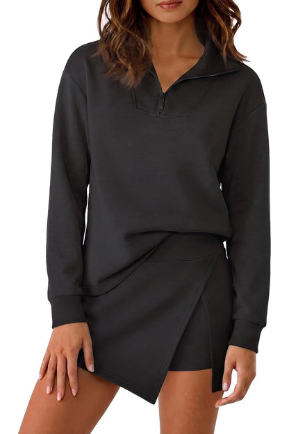 Women's Half Zip Long‑Sleeve Top & Wrap Skort 2 Piece Casual Set