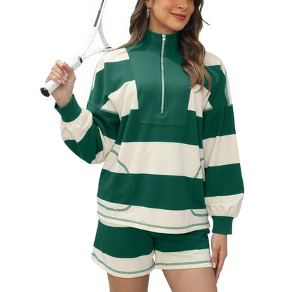 Women's Lounge Set 2 Piece Striped Long Sleeve Quarter Zip