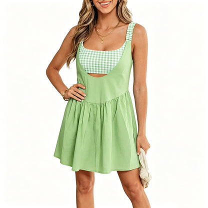 Women's Casual Gingham Contrast Mini Dress - Fake 2-Piece