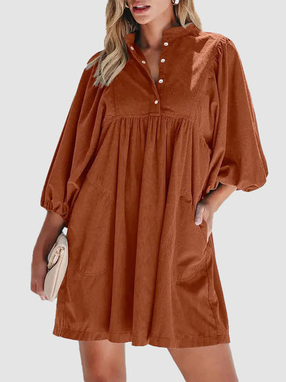Women Stand Collar Snap Button Empire Waist Mini Dress Bracelet Puff Sleeve With Pockets