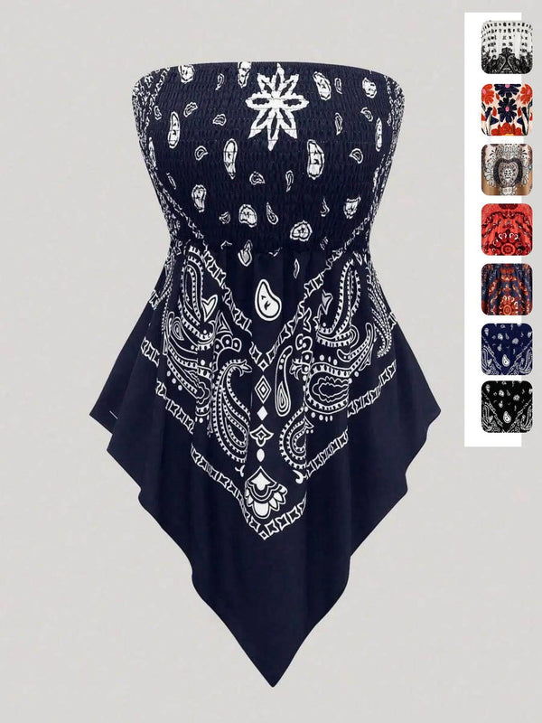 Women's printed strapless top with pleats and an asymmetrical hem