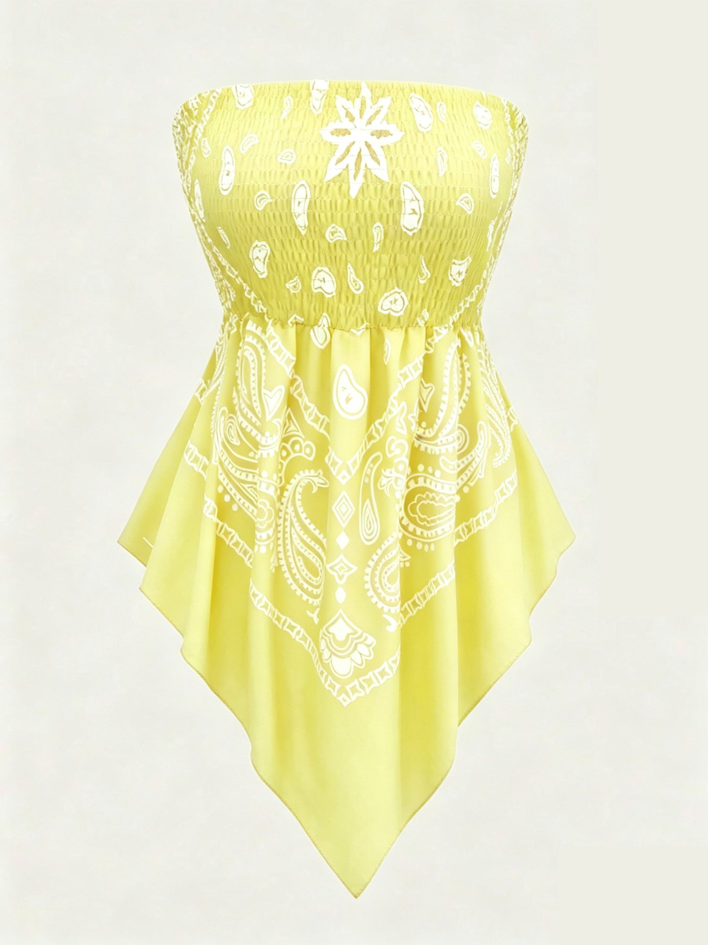 Women's printed strapless top with pleats and an asymmetrical hem