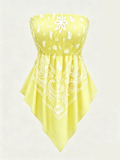 Women's printed strapless top with pleats and an asymmetrical hem