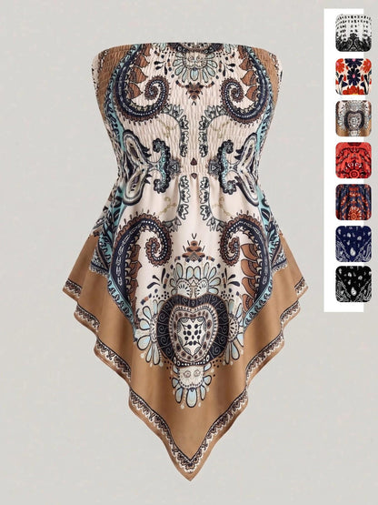 Women's printed strapless top with pleats and an asymmetrical hem