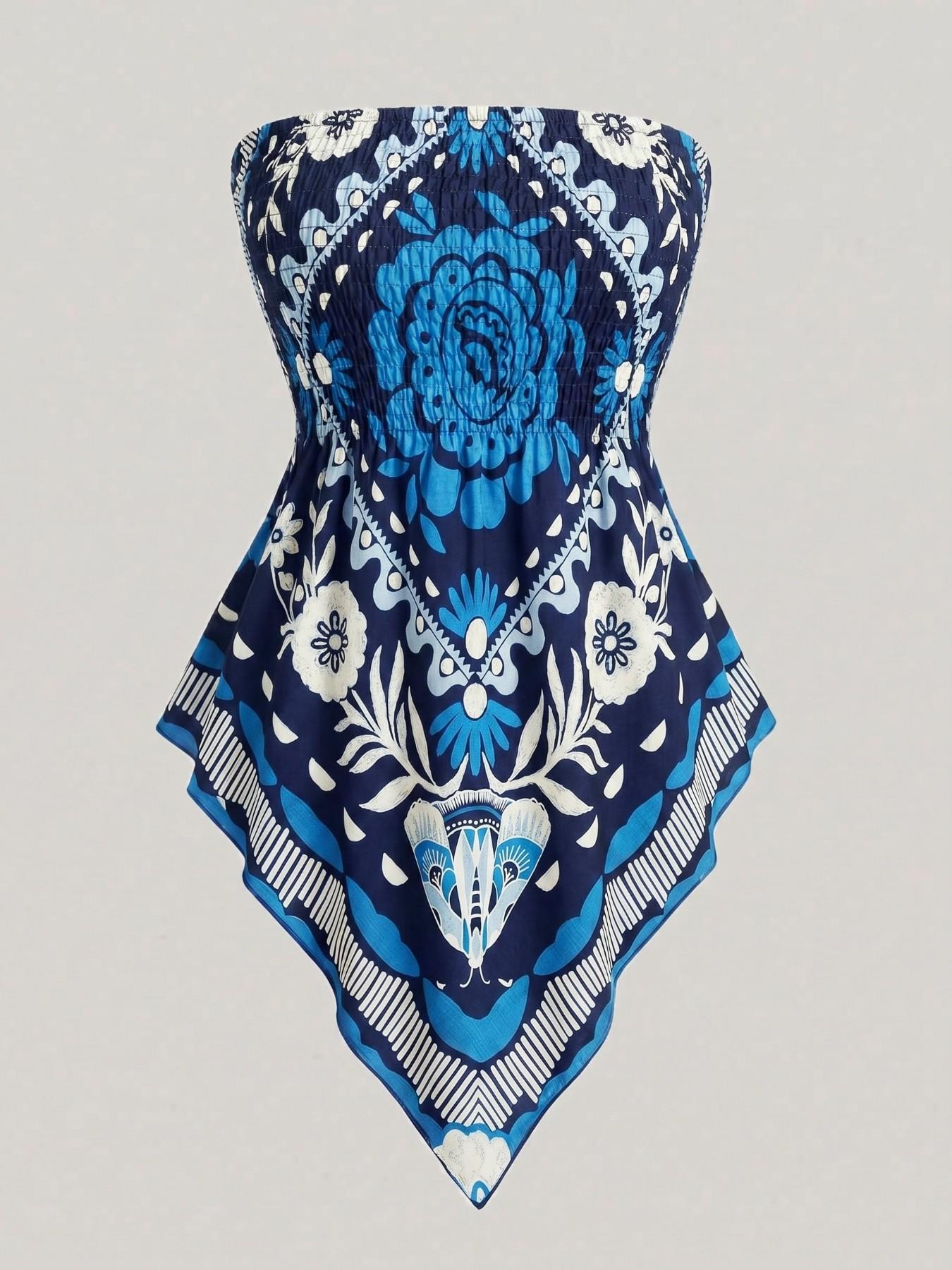 Women's printed strapless top with pleats and an asymmetrical hem
