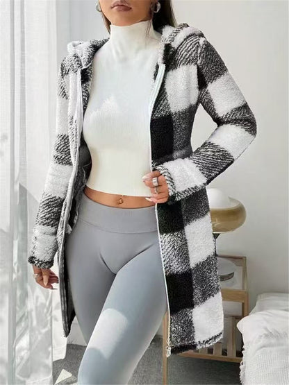 Plaid Fleece Hooded Mid Length Full Zip Coat