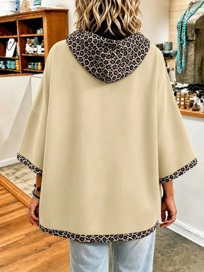 Limited time sale🔥Women 3/4 Bell Sleeve Leopard Trim Hooded Top