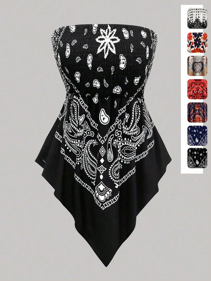 Women's printed strapless top with pleats and an asymmetrical hem