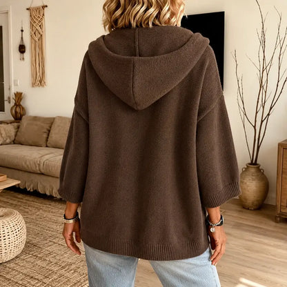 Women 3/4 Sleeve Hooded Knit Cardigan