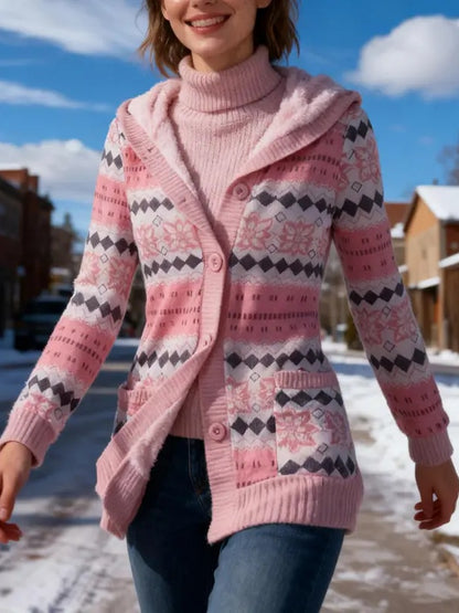Y2K Geometric Fair Isle Hooded Button Knit Cardigan