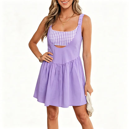 Women's Casual Gingham Contrast Mini Dress - Fake 2-Piece