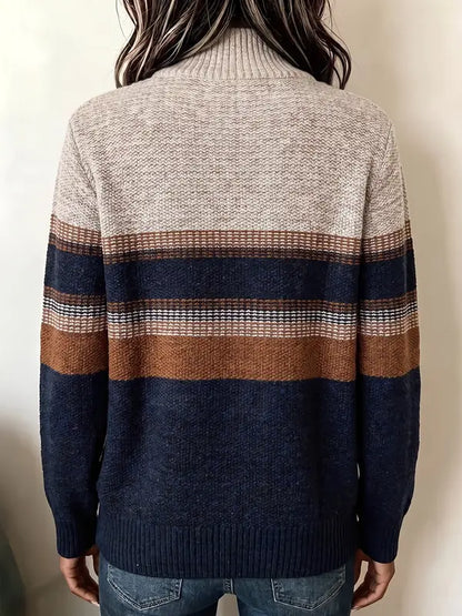 Hot Sale-Color Block Striped Half Zip Knit Pullover