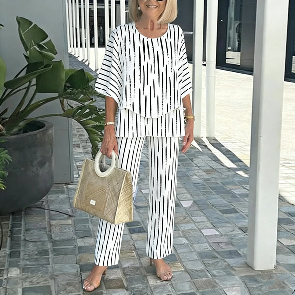 Women's Striped Layered Top & Wide Leg Pants Set