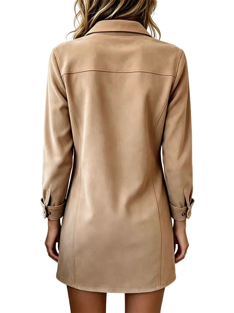 Women's Faux Suede Lapel Long Sleeve Shirt Dress