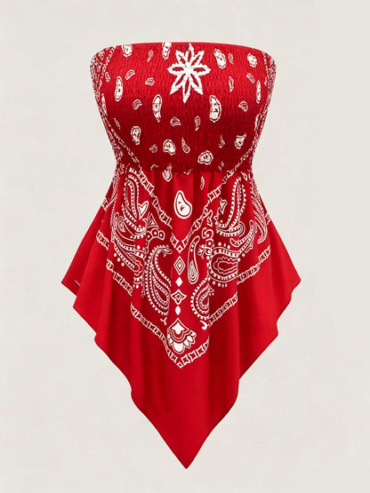 Women's printed strapless top with pleats and an asymmetrical hem
