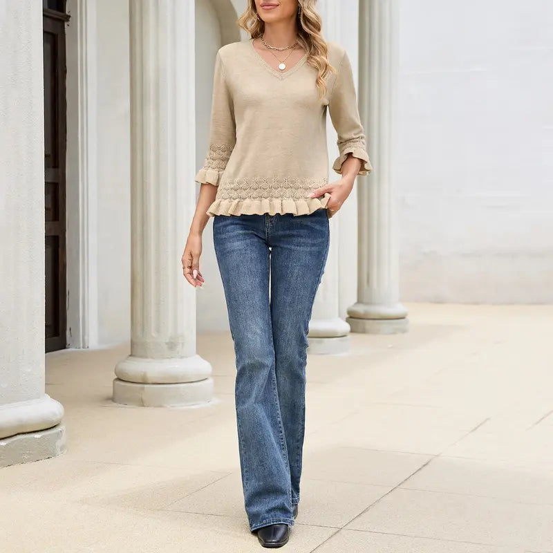 Women V Neck Eyelet Knit Pullover with 3/4 Ruffle Sleeve