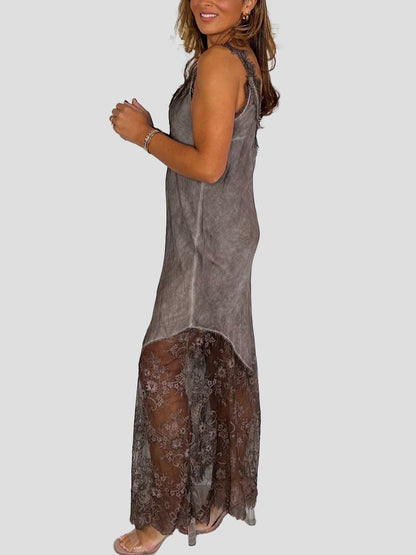 V-Neck Lace Trim Maxi Dress