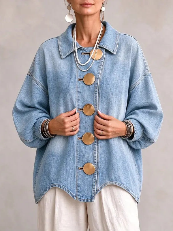 Vintage Washed Denim Coat With Large Buttons