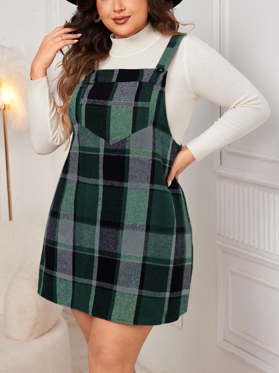 Plus Size Plaid Print Pocket Pinafore Dress