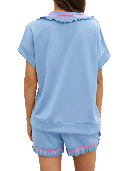 💙Women's Half Zip Ruffle Two Piece Short Set
