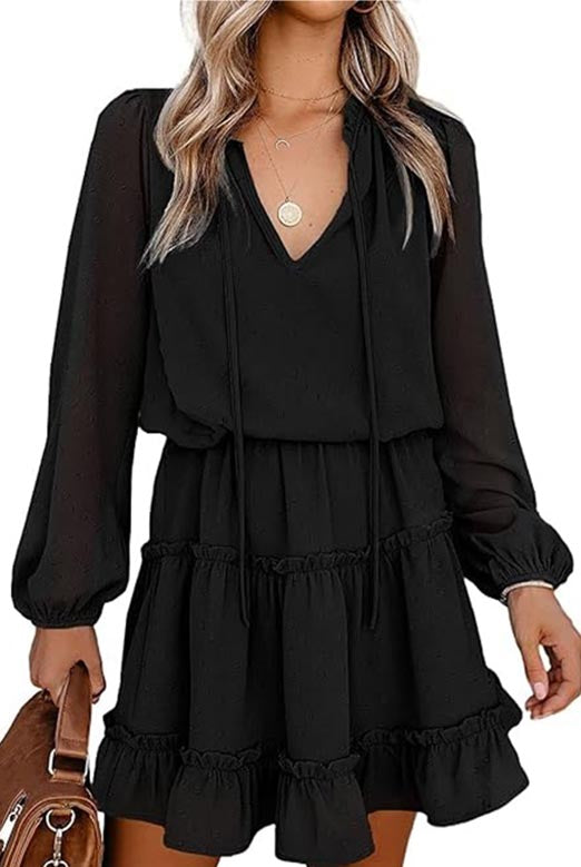 ✨Women's Tie Neck High Waist Layered Ruffle Waist Mini Dress