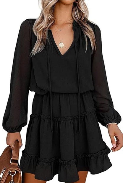 ✨Women's Tie Neck High Waist Layered Ruffle Waist Mini Dress