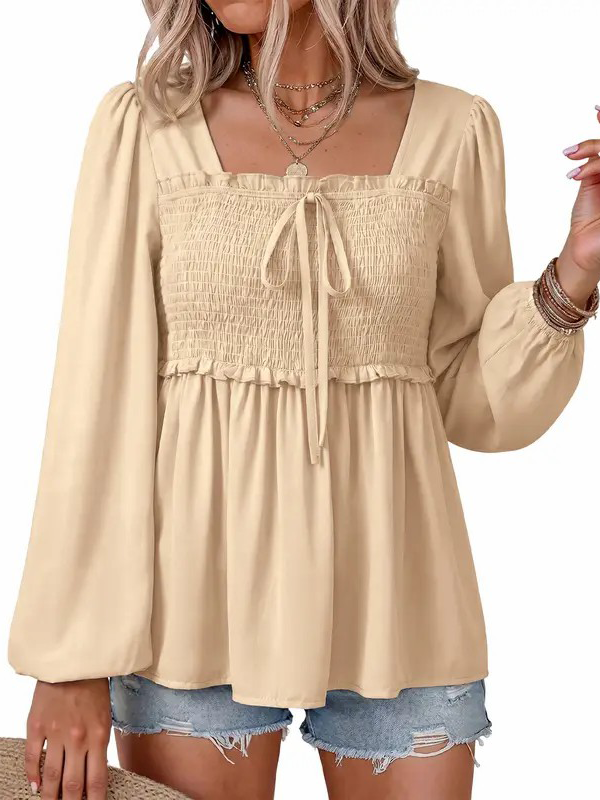 Women Loose Long Sleeve Square Neck Smocked Ruffle Peplum Casual Blouse