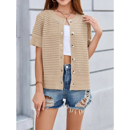 Womens Crochet Short Sleeve Cardigans Button Up Crew Neck Summer