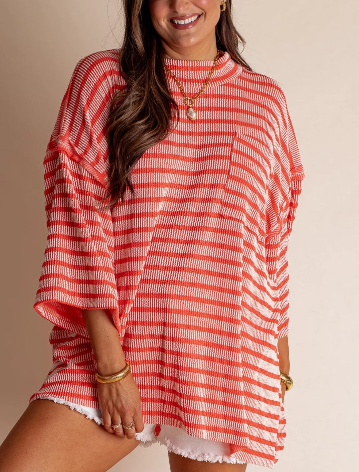 Women's 2025 Spring New Ribbed Striped Crew Neck Pocket Top