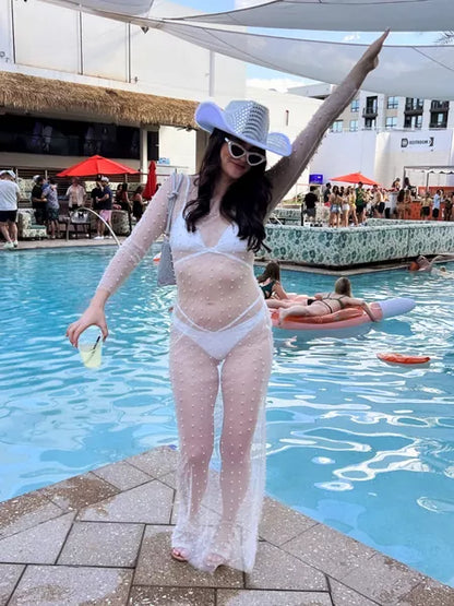 Summer Pearl Rhinestone Maxi Dress Beach Swimsuit Bikini Cover Ups