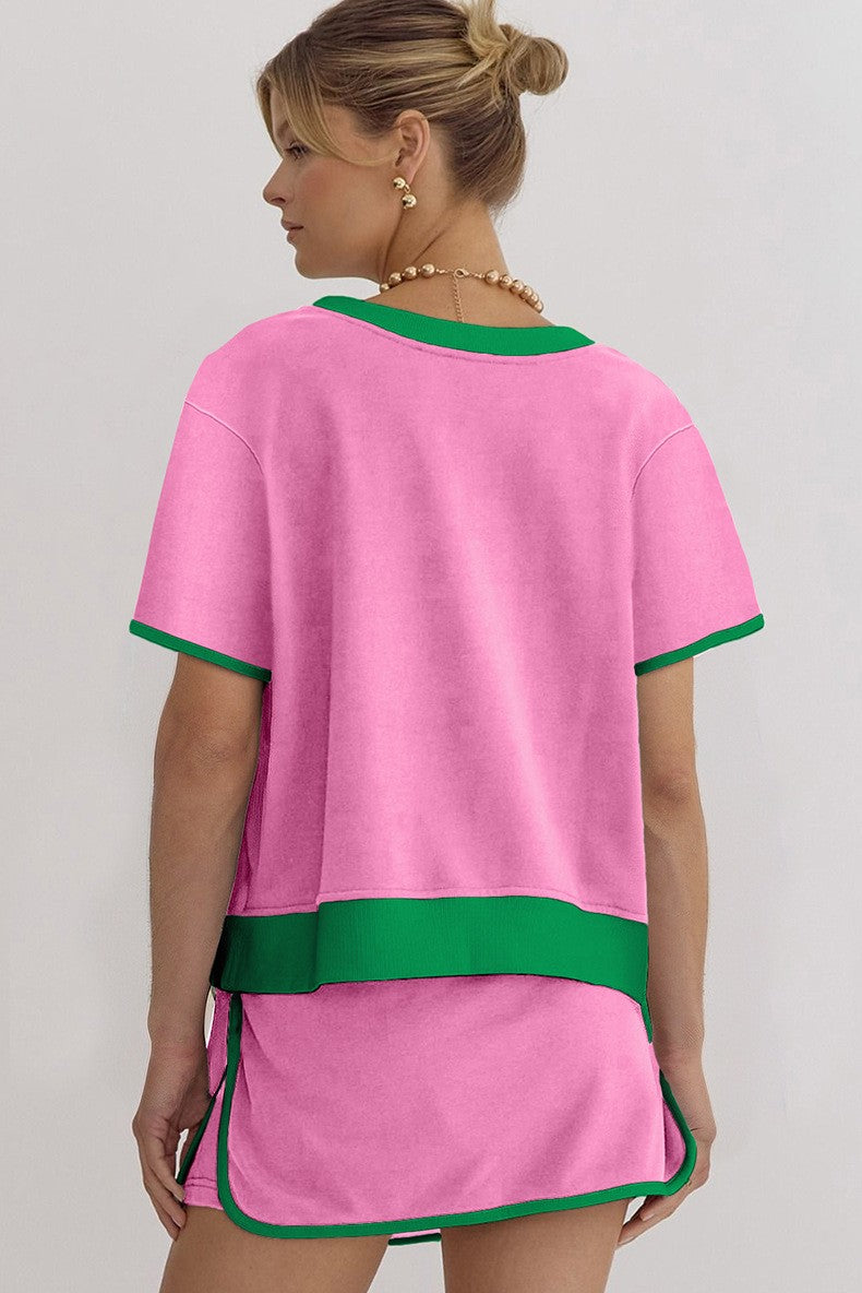 ✨Women's Colorblock Edge Drop Shoulder T Shirt Skort 2Pcs Set