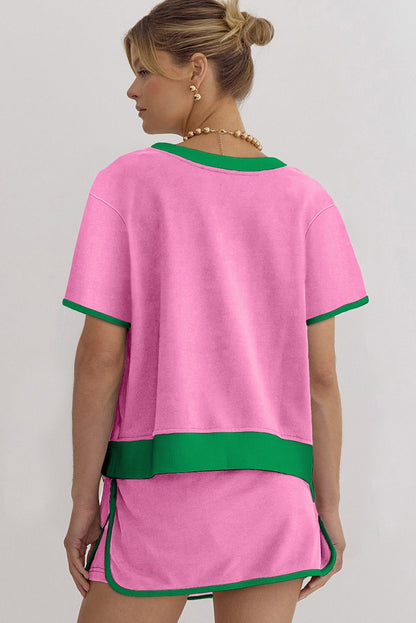 ✨Women's Colorblock Edge Drop Shoulder T Shirt Skort 2Pcs Set