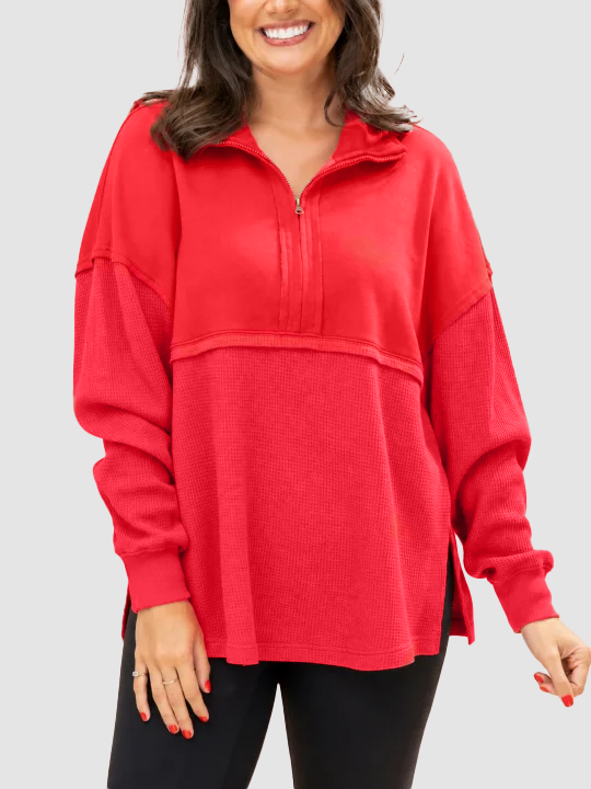 Women Waffle Knit Quarter Zip Long Sleeve Pullover