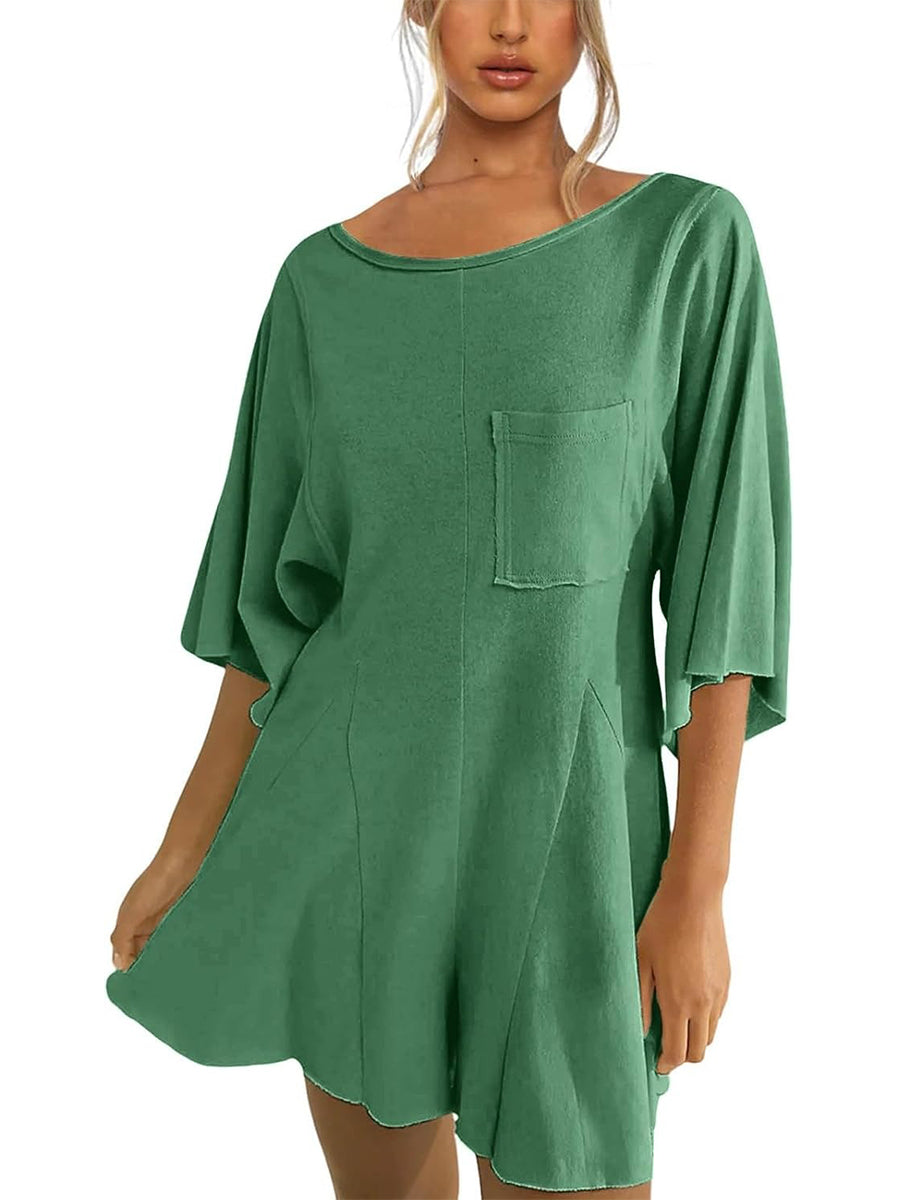 ⏰Hot Sale-Women's Short Sleeve Loose Ruffled Short Romper Dress with Pocket