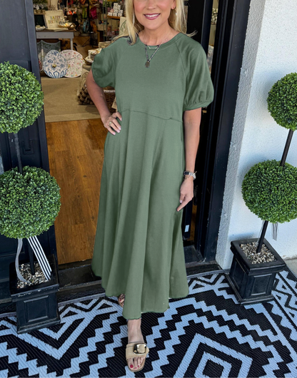 Women's Puff Sleeve Round Neck Long Dress