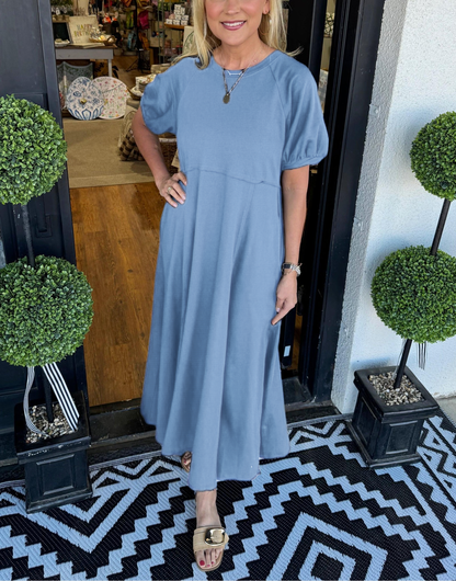 Women's Puff Sleeve Round Neck Long Dress