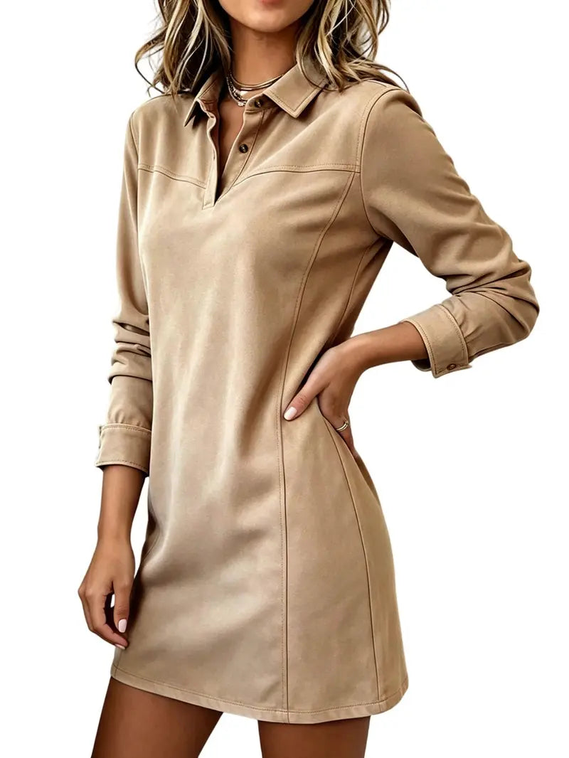 Women's Faux Suede Lapel Long Sleeve Shirt Dress