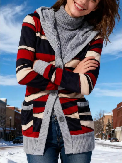 Y2K Geometric Fair Isle Hooded Button Knit Cardigan