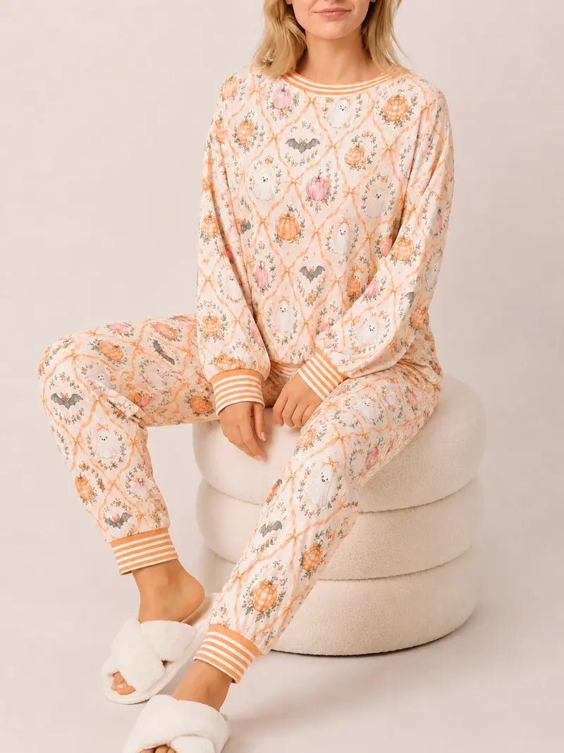 Women Halloween Pumpkin Ghost Print Long Sleeve 2 Piece Pajama Set